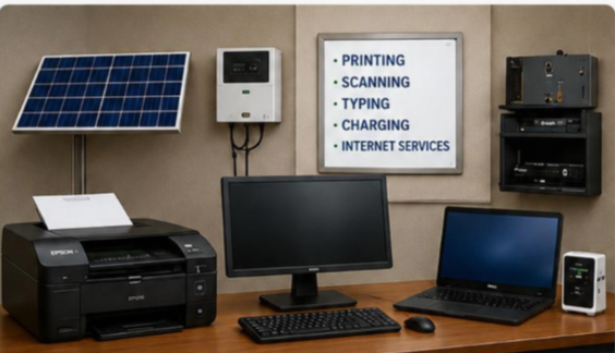 Solar-powered digital service center with printing equipment