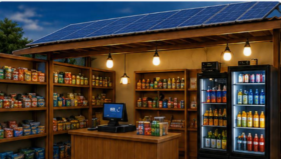 Solar-powered community shop with lighting and refrigeration